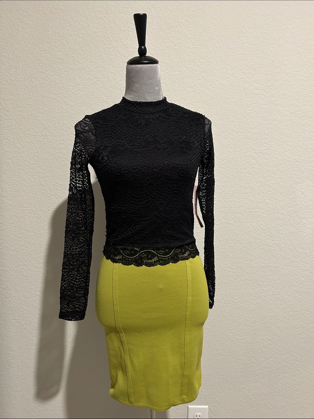 Black Lace Long-Sleeve Mock Neck Top with skirt